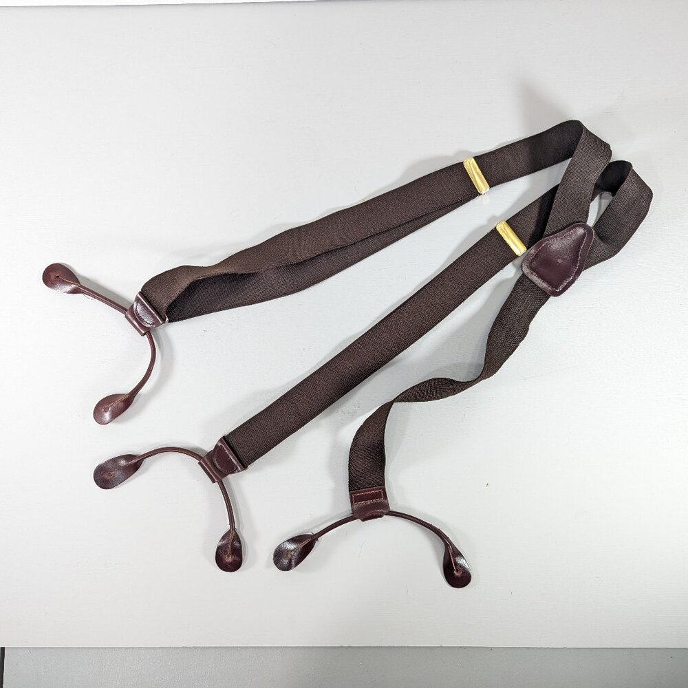 Vintage brown elastic and leather adjustable mens suspenders CAS W-Germany
